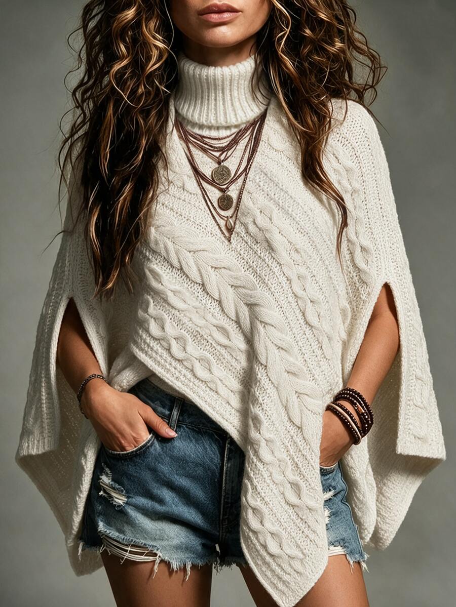 SHEIN This Off-White Turtleneck Poncho Features Intricate Cable Knit Stitching All Over. Loose Relaxed Cut - Apricot - View 1