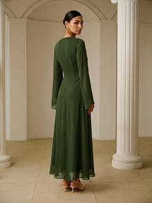 ZEYLAH Asymmetrical Fitted Diagonal Cut Long Dress With Oversized Sleeves, Spring - Army Green - View 7