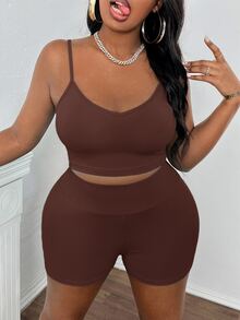 Slaydiva Summer Basic Loose Fit Women's Plus Size Outdoor Casual Set - Rust Brown - View 3