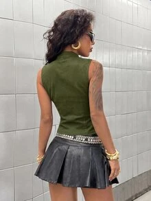 StreetHx Women's Zipper Placket Button Design Denim Vest Jacket - Army Green - View 2