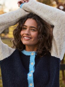 Aralina Women's Block Colour Cozy Button Up Crew Neck Long Sleeve Fuzzy Knit Cardigan Perfect For A Fall Party Or Going Out Sweater - Multicolor - View 3