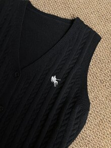 Grovea Plus Size Women's Knight Pattern Single-Breasted Knit Vest - Black - View 3