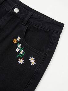 GlowEve 女款夏季花卉刺繡牛仔褲 - 黑色 - 查看 3