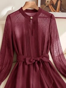 SHEIN Clasi 大尺碼女款純色休閒百搭日常襯衫 - 酒紅色 - 查看 3