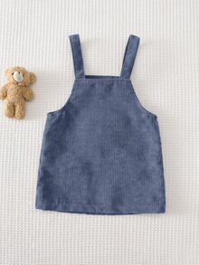Cozy Pixies Baby Girls Dresses Cute Woven Ribbed Brown Corduroy Pinafore Dress, Adorable Bear Applique Embroidery, Exquisite Detail, Bow Decor, Baby Girl, Suitable For Autumn/Winter, Nordic Style, Mori Style, Cute Style - Dusty Blue - View 2