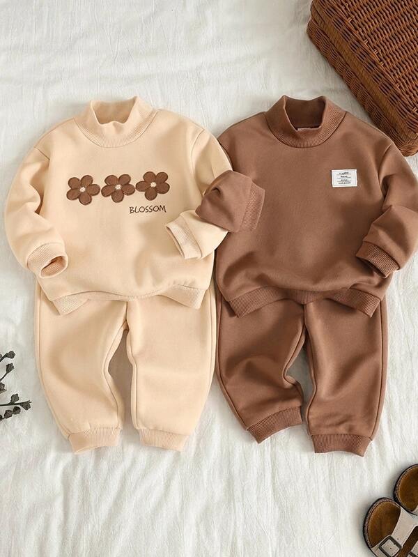 Baby Girl Floral Pattern Knitted Soft Round Neck Long Sleeve Pullover Sweatshirt Elastic Waist Long Pants 4-Piece Set Versatile Comfortable