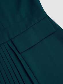 Auvina Vestido Feminino Plus Size de Verão, Cor Sólida, Minimalista, Gola Redonda, Manga Curta, Linha A, Plissado, Patchwork, Bolso, Cintura Marcada, Vintage, Elegante, Casual, Comprimento Médio - Verde - Visão 4