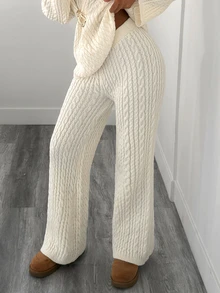 Elenzga Women's Solid Color Metal Decor Long Sleeve Top And Pants Knit Two Pieces Set - Beige - View 6