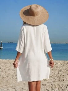 Swim Vcay Women's Summer Beach Vacation Fashion European American Style Solid Color Wave Pleated Stand Collar Three-Quarter Sleeve Minimalist Loose Casual Mid-Length Shirt Cover Up Cover-Up - White - View 2