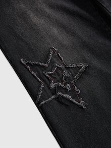 ROMWE Grunge Punk Punk Street Style Plus Size Women's Jeans, Star Patchwork Design Wide Leg Vintage Distressed Denim Pants - Black - View 4