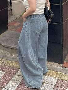 Dazy Plus Plus Size Women's Casual Versatile Everyday Denim Wide Leg Pants With Pockets - Light Wash - View 5