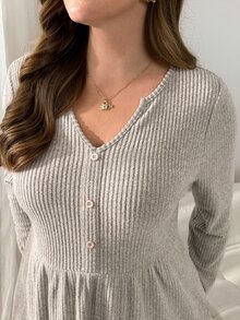 Shapeblank Plus Size Women's Solid Color Notched V-Neck Long Sleeve Button Design Casual T-Shirt - Apricot - View 6