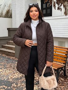 SHEIN EZwear 冬季大尺碼保暖內裡加厚中長版大衣 - 巧克力棕 - 查看 3