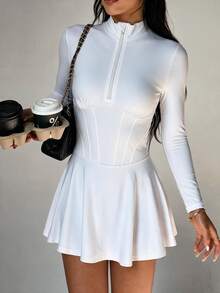 Eassivo Eassivo Lady's Summer Long-Sleeved Fitted Tennis Dress - White - View 4