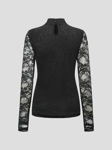 Balvessa Women's Lace Patchwork Slim Fit Versatile Casual Daily Blouse - Black - View 5