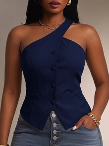 Radiana Plus Size Elegant Commuter Solid Color One-Shoulder Blazer Vest - Navy Blue - View 3