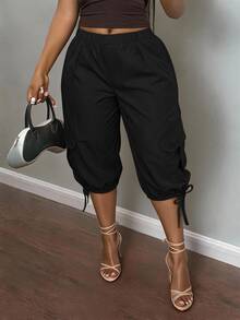 Slaydiva Plus Size Casual Versatile Ruched Tie-Up Capri Pants - Black - View 8