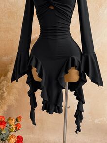 Soleia Women's Front Knot Ruched Ruffle Asymmetrical Hem Dress - Black - View 6