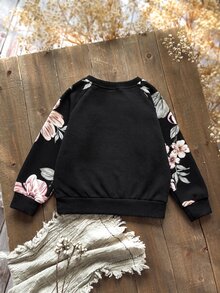 SHEIN 女童花卉印花插肩袖長袖運動衫 優雅花卉袖口 西式大童女裝 秋冬日常戶外校園度假鄉村穿搭 - 黑色 - 查看 2