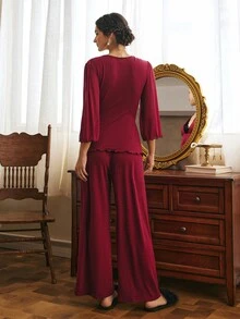 Côtesoire Set Piyama Wanita Leher V Berbahan Renda Patchwork Romantis Elegan Gaya Prancis Selatan - Burgundy - View 2