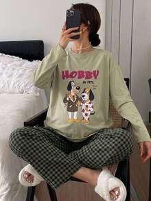 DAZY Pattern Letter Print Loose Long Sleeve T-Shirt & Plaid Long Pants Casual Home Daily Spring Autumn 2pcs Set For Pregnant Women - Green - View 7