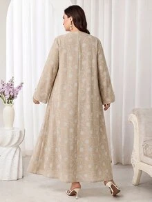 Al Najma Plus Size Women's Floral Embroidered Tassel Design Long Sleeve Elegant Arabian Dress - Khaki - View 2