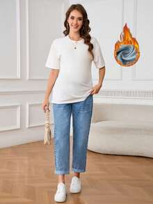 SHEIN 孕婦可調腰圍直筒休閒百搭牛仔褲 - 中等水洗藍 - 查看 5