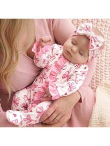 SHEIN Newborn Baby Boy Cute Knitted Casual Bowknot Pattern Romper & Headband Set - Pink - View 1