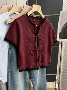 SHEIN Franclia 女款休閒寬鬆圓領短袖針織上衣，前綁帶設計搭配對比飾邊，卡其色，春夏款 - 酒紅色 - 查看 3
