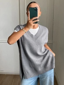 Livesso Women's Solid Color V-Neck Casual Versatile Knit Vest Fall - Grey - View 4