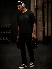 OTTIMOZO Kaos Olahraga Pria Lengan Pendek Raglan Motif Huruf, Gym, Workout, Training, Nyaman, Outdoor, Running, Tekstur Katun, Sentuhan Lembut - Hitam - View 4