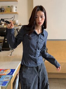K-Vae Women's Korean Style Navy Blue Vertical Striped Waist-Cinching Versatile Long Sleeve Blouse - Multicolor - View 3