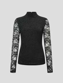 Balvessa Women's Lace Patchwork Slim Fit Versatile Casual Daily Blouse - Black - View 4