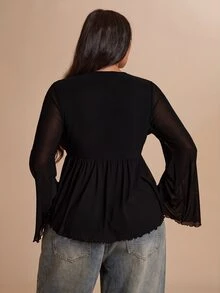 SHEIN BAE CURVE 大尺碼女款梅紫色喇叭袖網紗T恤，優雅上衣 - 黑色 - 查看 3