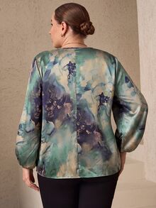 Chikora 大尺碼女款秋冬幾何花卉線條印花前開鈕扣長袖通勤街頭風襯衫，適合日常穿著 - 墨綠色 - 查看 3