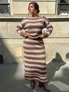 Firerie Plus Size Gradient Cold Shoulder Long Sleeve Knit Top And High Waist Mermaid Skirt 2 Pieces Set Party Formal, Fall/Winter, Thanksgiving, New Year - Multicolor - View 7