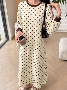 Al Najma Round Neck Woven Trim Brown Polka Dot Dress - Multicolor - View 5