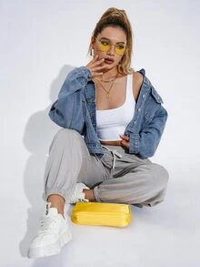 SHEIN Casual Streetwear Light Blue Distressed Denim Jacket, Drop Shoulder Loose Fit, Single Back Pocket Design, Short Outerwear Travel Autumn - Light Wash - View 4