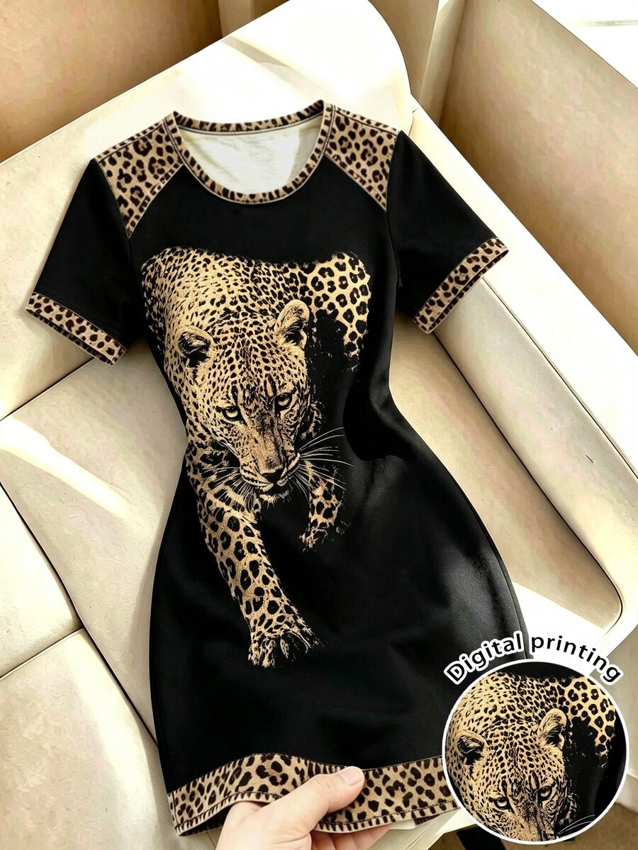 Resyla Elegant Leopard Print Short Sleeve Midi Dress, Patchwork Round Neck Casual T-Shirt Dress, Perfect For Date Night - Multicolor - View 1