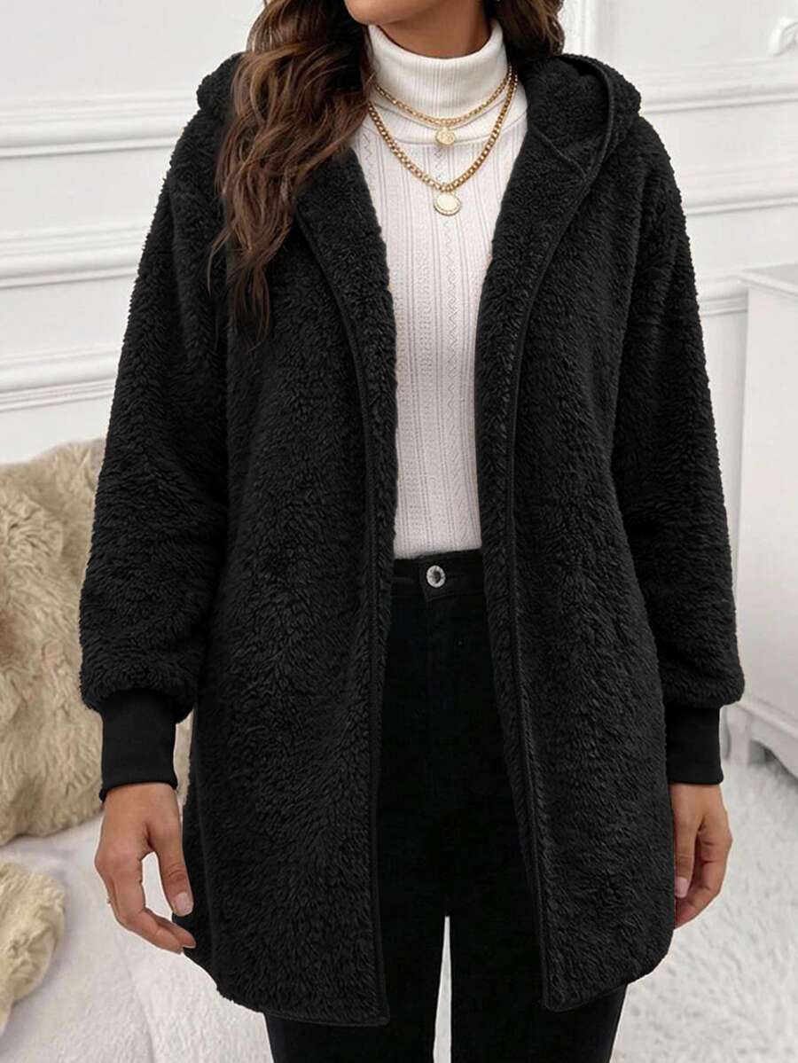 SHEIN Clasi 女款純色拉鍊休閒簡約百搭連帽外套,日常旅行外出穿著,黑色,秋季 - 黑色 - 查看 1