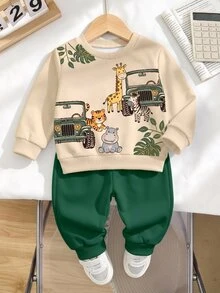 Young Boy Animal Print Casual Long Sleeve Crew Neck Sweatshirt - Multicolor - View 1