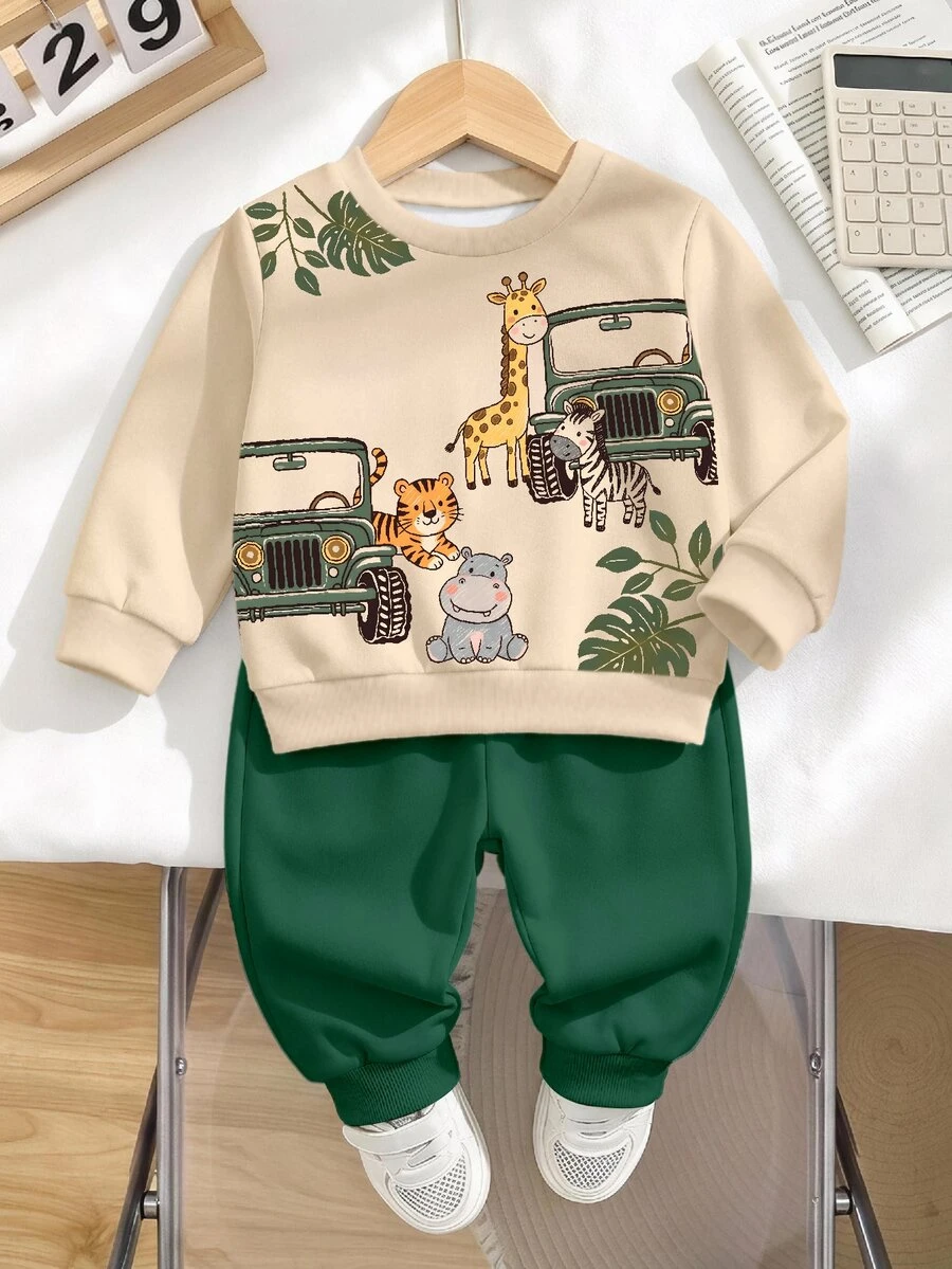 Young Boy Animal Print Casual Long Sleeve Crew Neck Sweatshirt - Multicolor - View 1