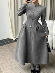 DAZY Autumn/Winter Gray Stand Collar Elegant Vintage Commute Date Elegant Women Mid-Length Dress - Grey - View 6