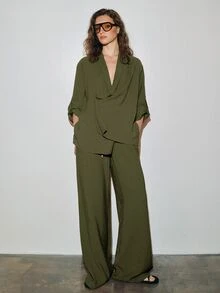 MOTF PREMIUM URBAN LOW WAIST ELASTIC WAIST DRAWSTRING DECOR WIDE LEG LONG PANTS SPRING SUMMER - Olive Green - View 4