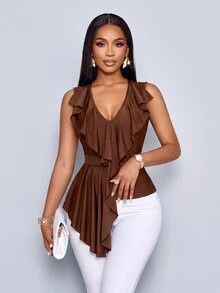 SOLERSUN Women's Ruffle V Neck Sleeveless Asymmetrical Hem Fitted Waist Vest Perfect Vacations And Parties - Brown - View 1