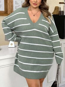 SHEIN CURVE+ Black White V Neck Striped Pattern Drop Shoulder Sweater,Knitted Sweater In Fall/Winter - Green - View 5