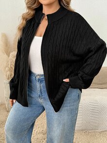 SHEIN CURVE+ Plus Size Women's Solid Color Zipper Casual Versatile Daily Wear Cardigan - Black - View 8