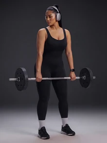 Powerista Plus Size Women's Back Cut-Out Racer Back Shaping Sports Jumpsuit Seamless Gym Running Grey Workout Fitness Breathable All Seasons - Black - View 5