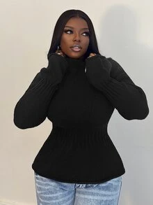 Selianne Atasan Sweater Rajut Wanita Model Kerah Semi Tinggi, Pinggang Pas, Lengan Lentera Berkerut - Hitam - View 3