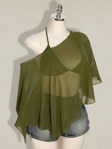 SHEIN ICON 大尺碼雪紡外套與三角罩杯繫帶背心兩件套女裝 - 軍綠色 - 查看 4